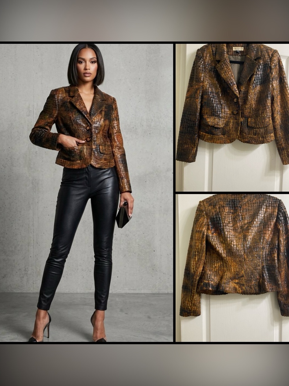 Lena Gabrielle Faux Leather Croc/Python Exotic Embossed Edgy Blazer Jacket Sz 6